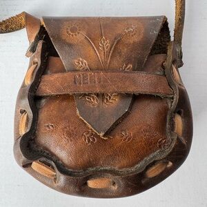 Vintage Hand Tooled Leather Mini Purse Bag Floral Design Boho Hippie